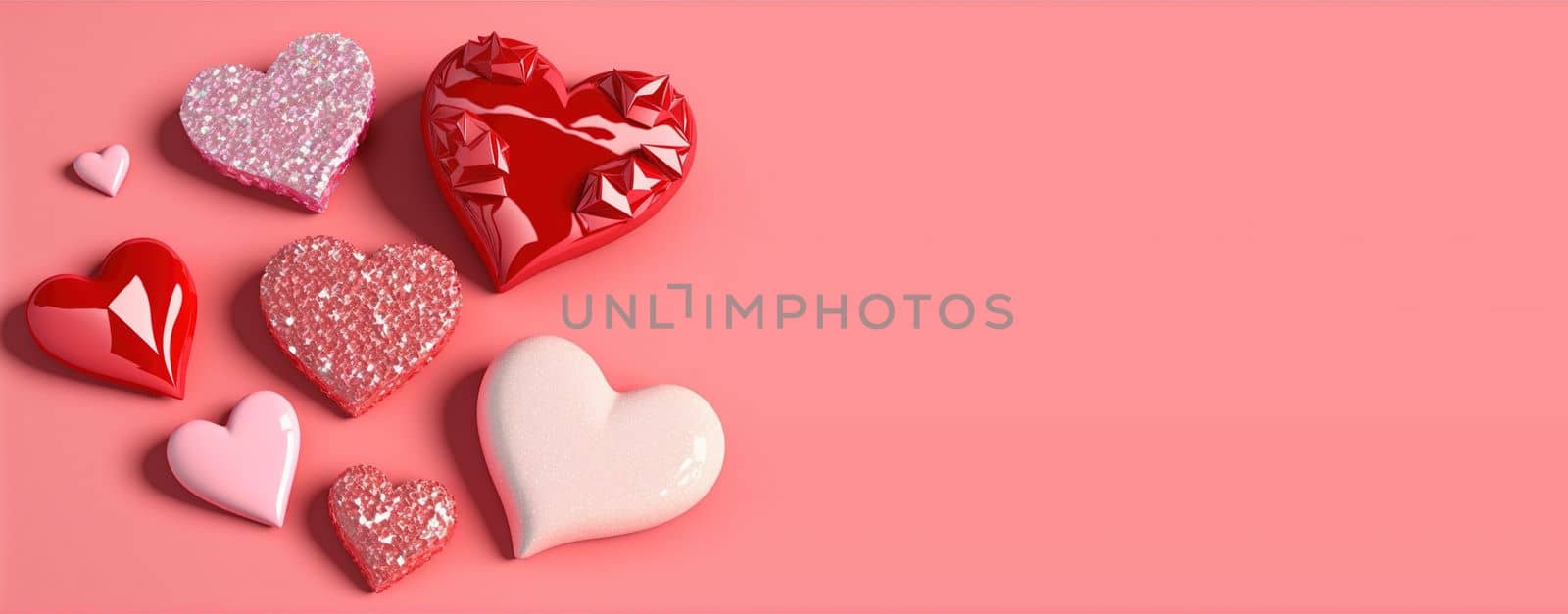 Valentine's Day 3D Heart Illustration Objects and Crystal Diamond Background Design