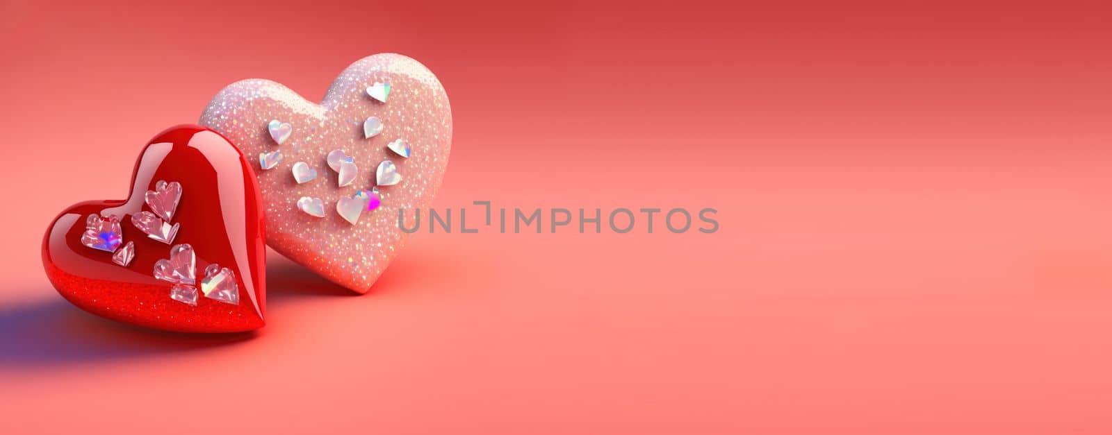 Valentine's Day 3D Heart Illustration Objects and Crystal Diamond Background Design