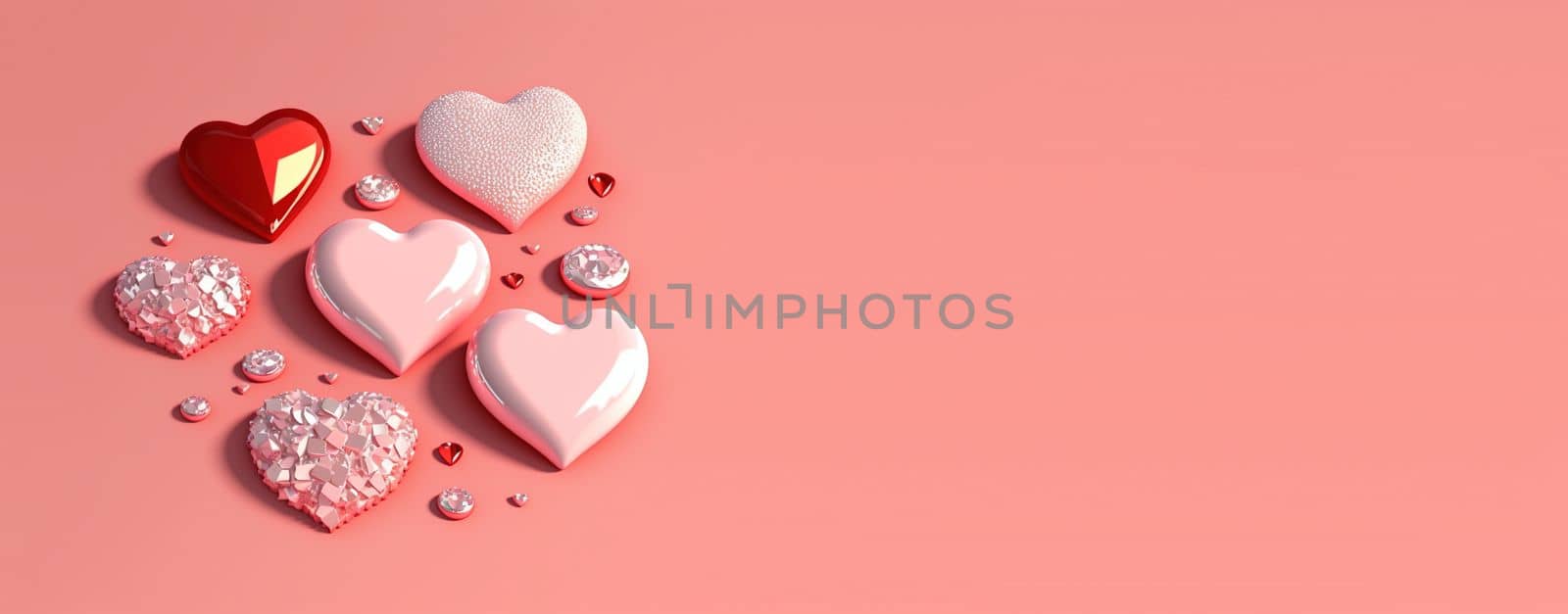 Valentine's Day 3D Heart Illustration Objects and Crystal Diamond Background Design by templator