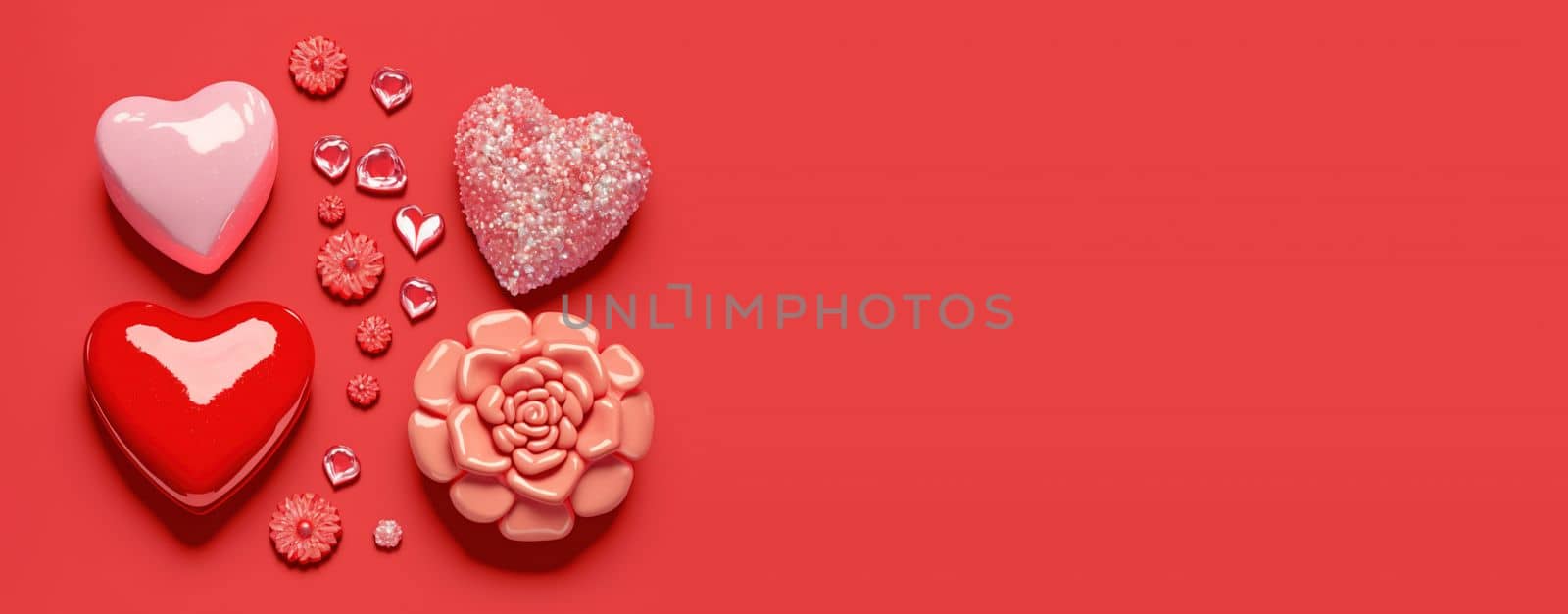 Sparkling 3D illustration of heart, diamond and flower shape for banner and background