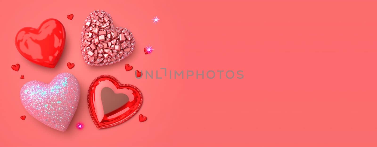 Valentine's Day 3D Heart Crystal Diamond Illustration for Banner and Background