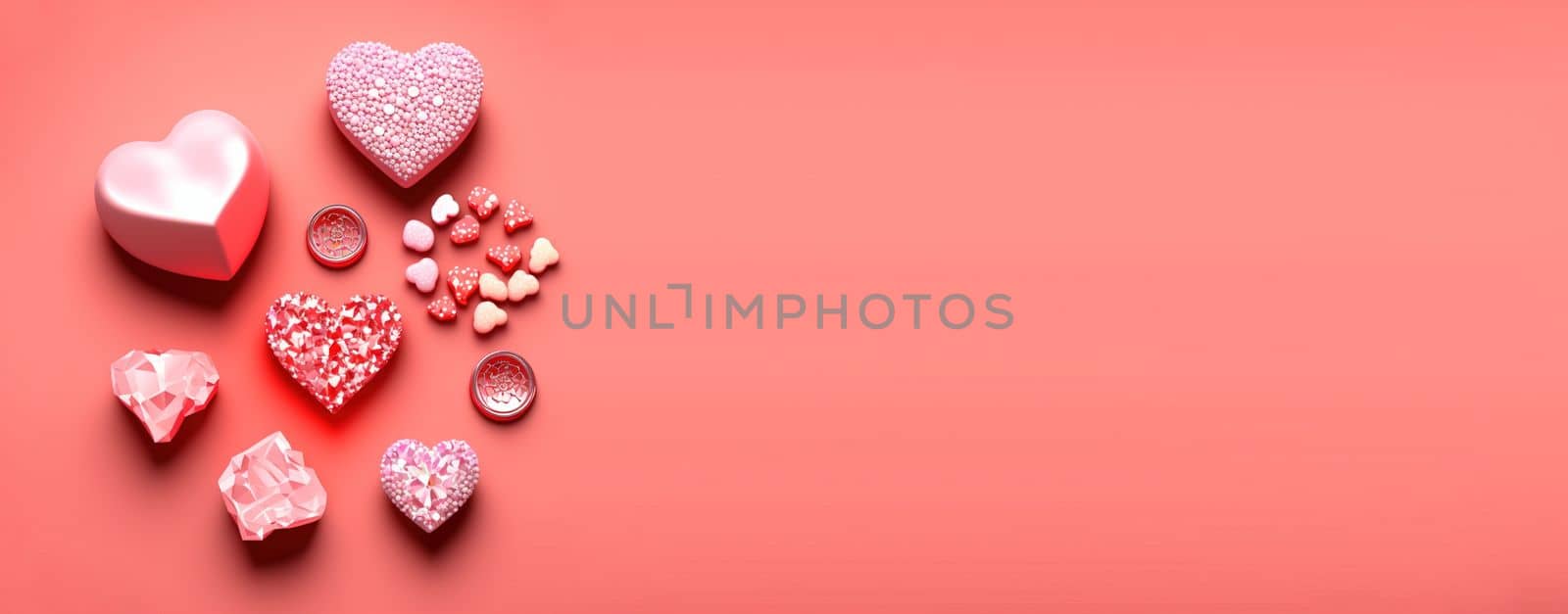 3D Heart Shape, Diamond, and Crystal Composition for Valentine's Day Banner and Background