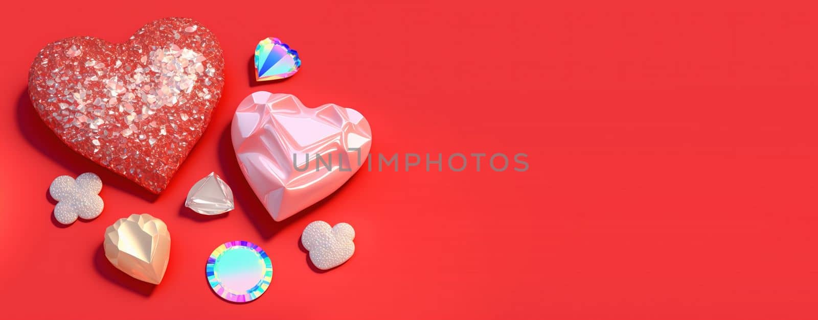 3D Heart Shape, Diamond, and Crystal Composition for Valentine's Day Banner and Background by templator