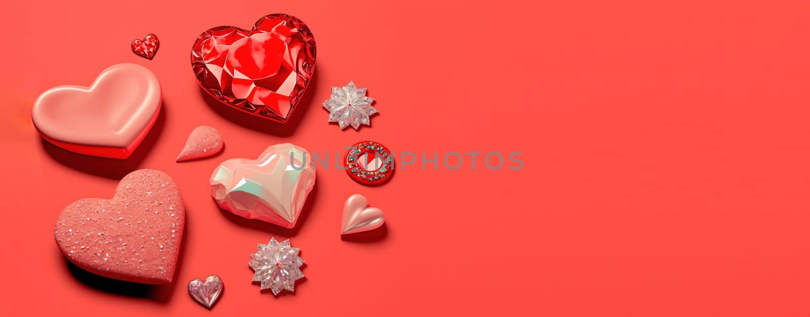 3D Heart Shape, Diamond, and Crystal Composition for Valentine's Day Banner and Background