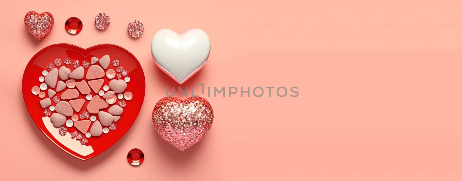 Gleaming 3D Heart, Diamond, and Crystal Illustration for Valentine's Day Banner