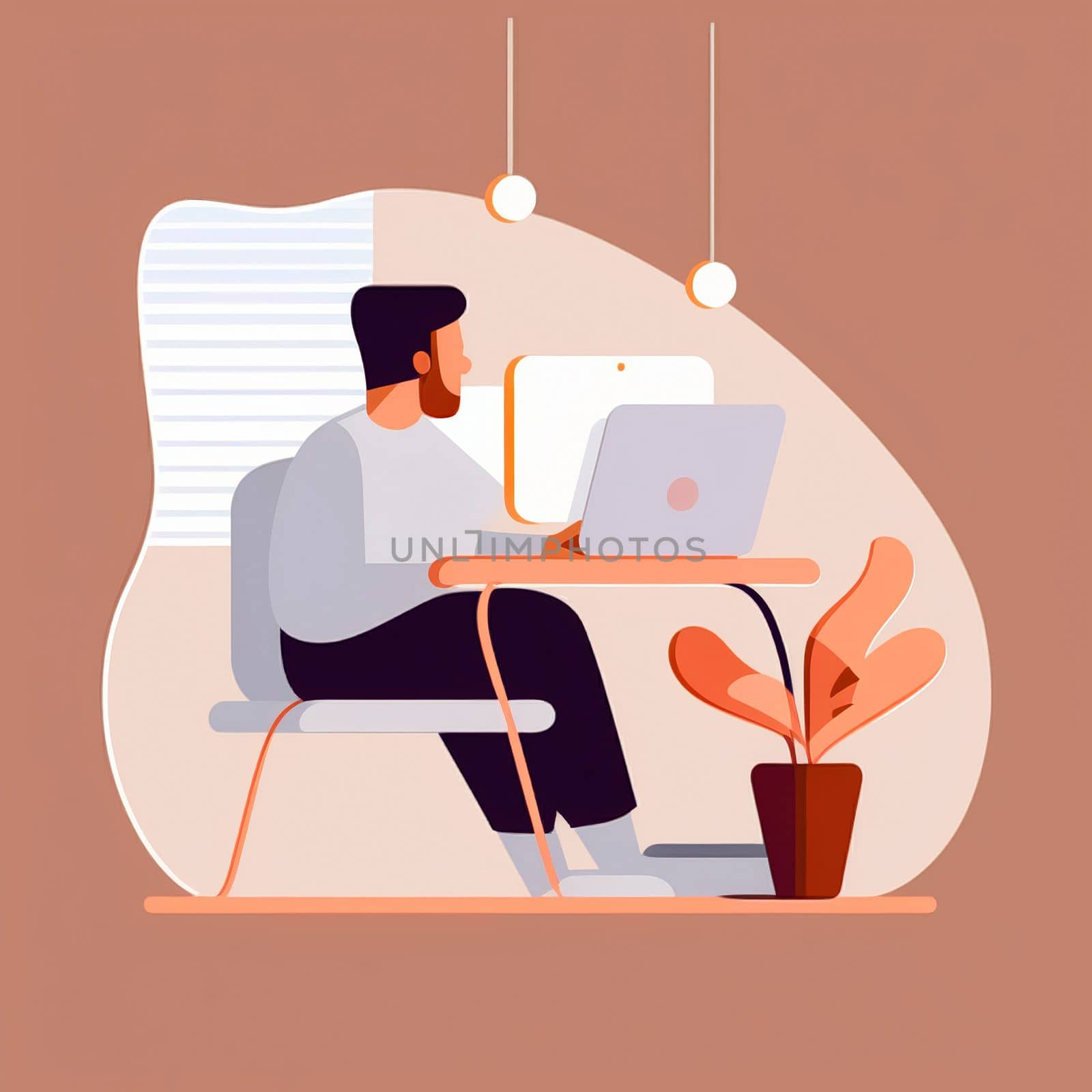 A simple illustration of a developer sitting at a laptop. High quality illustration