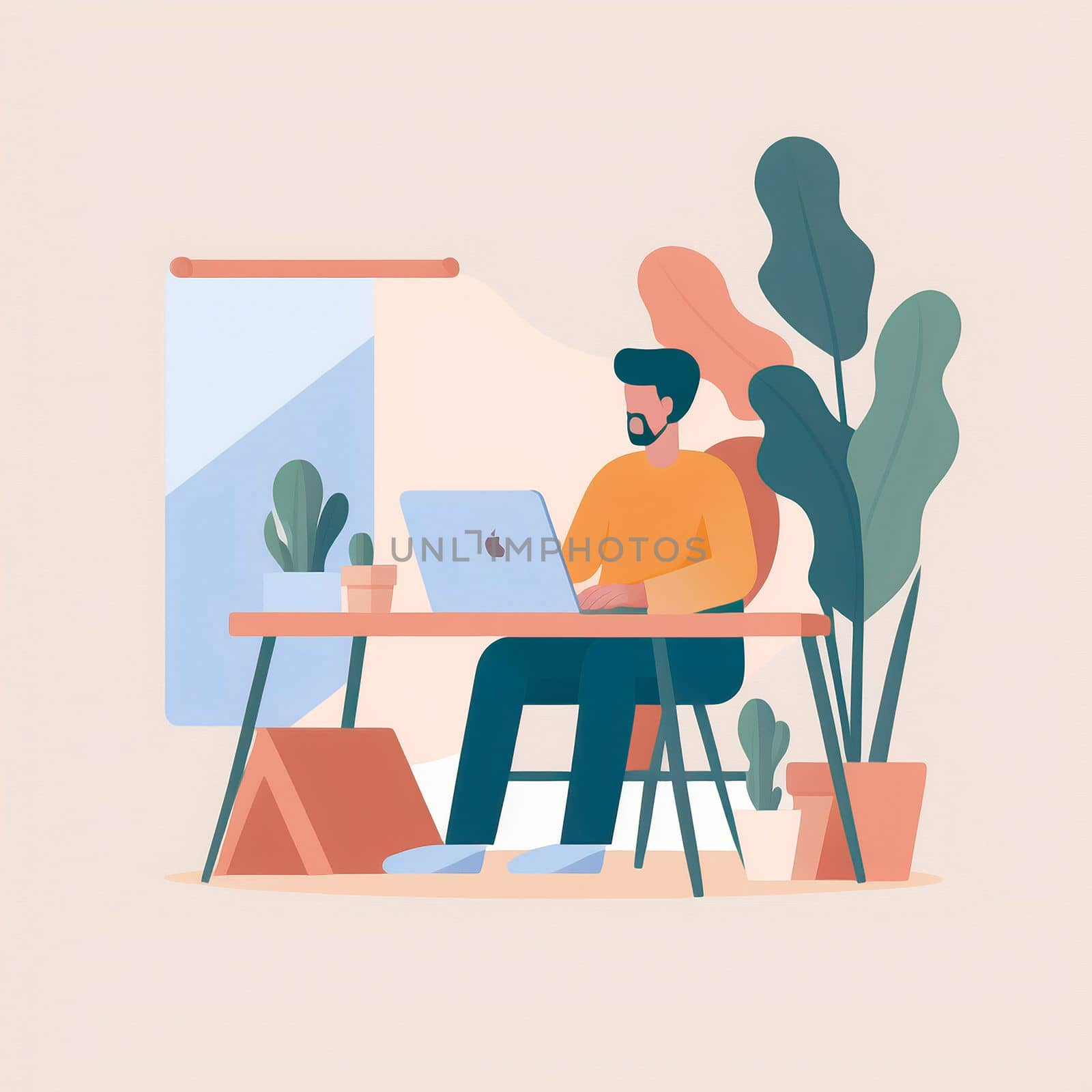 A simple illustration of a developer sitting at a laptop. High quality illustration