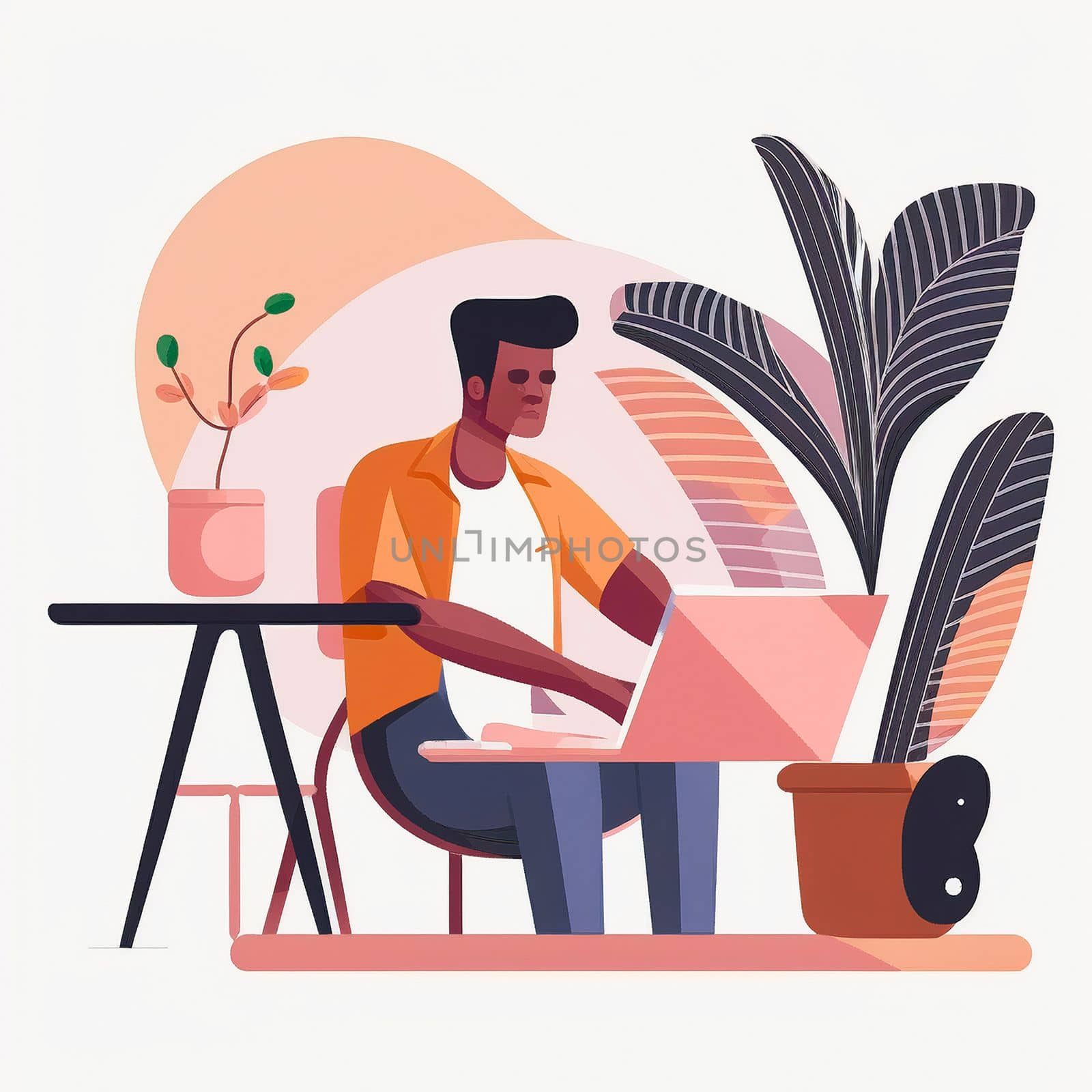 A simple illustration of a developer sitting at a laptop. High quality illustration