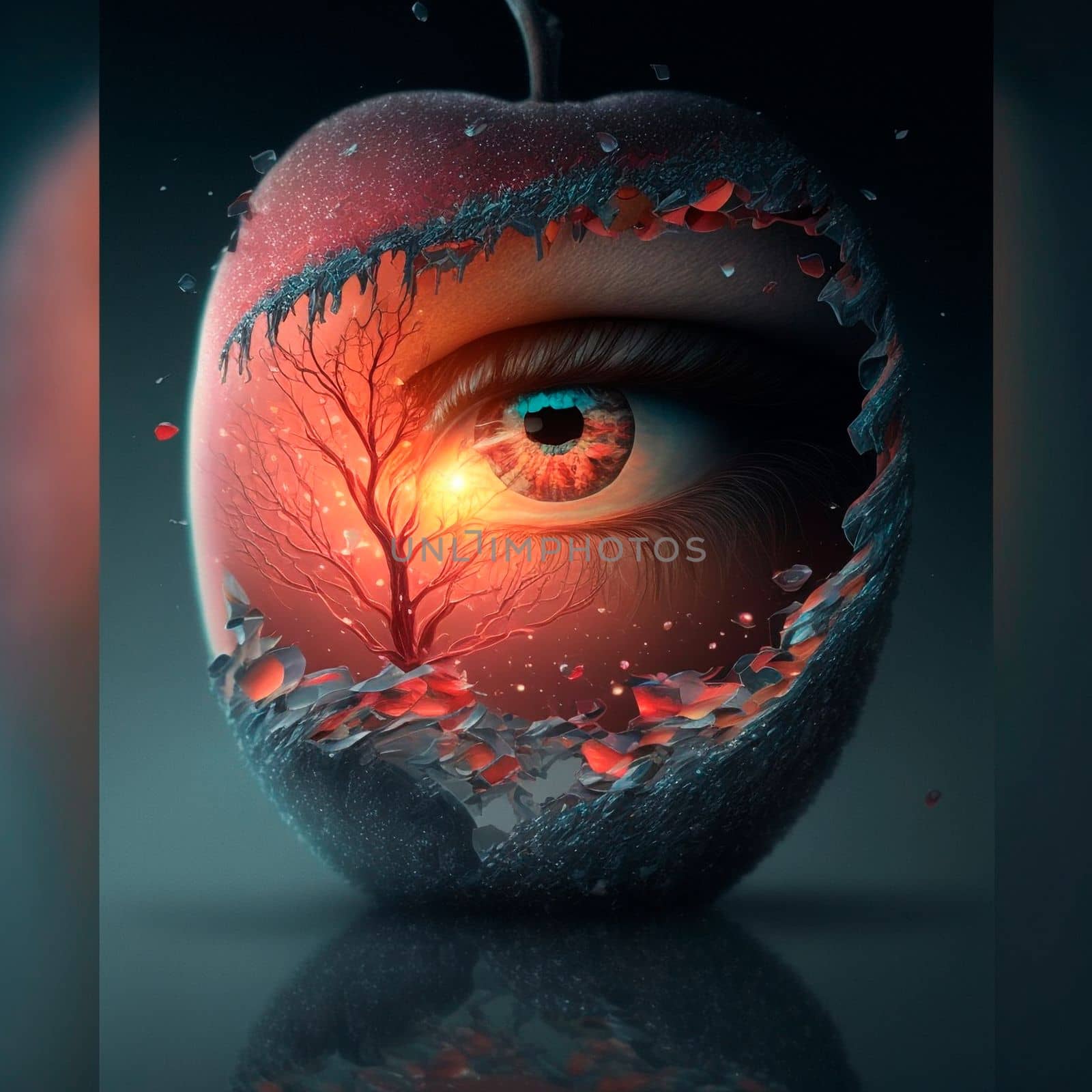 Look of a girl inside a frosty red apple. High quality illustration