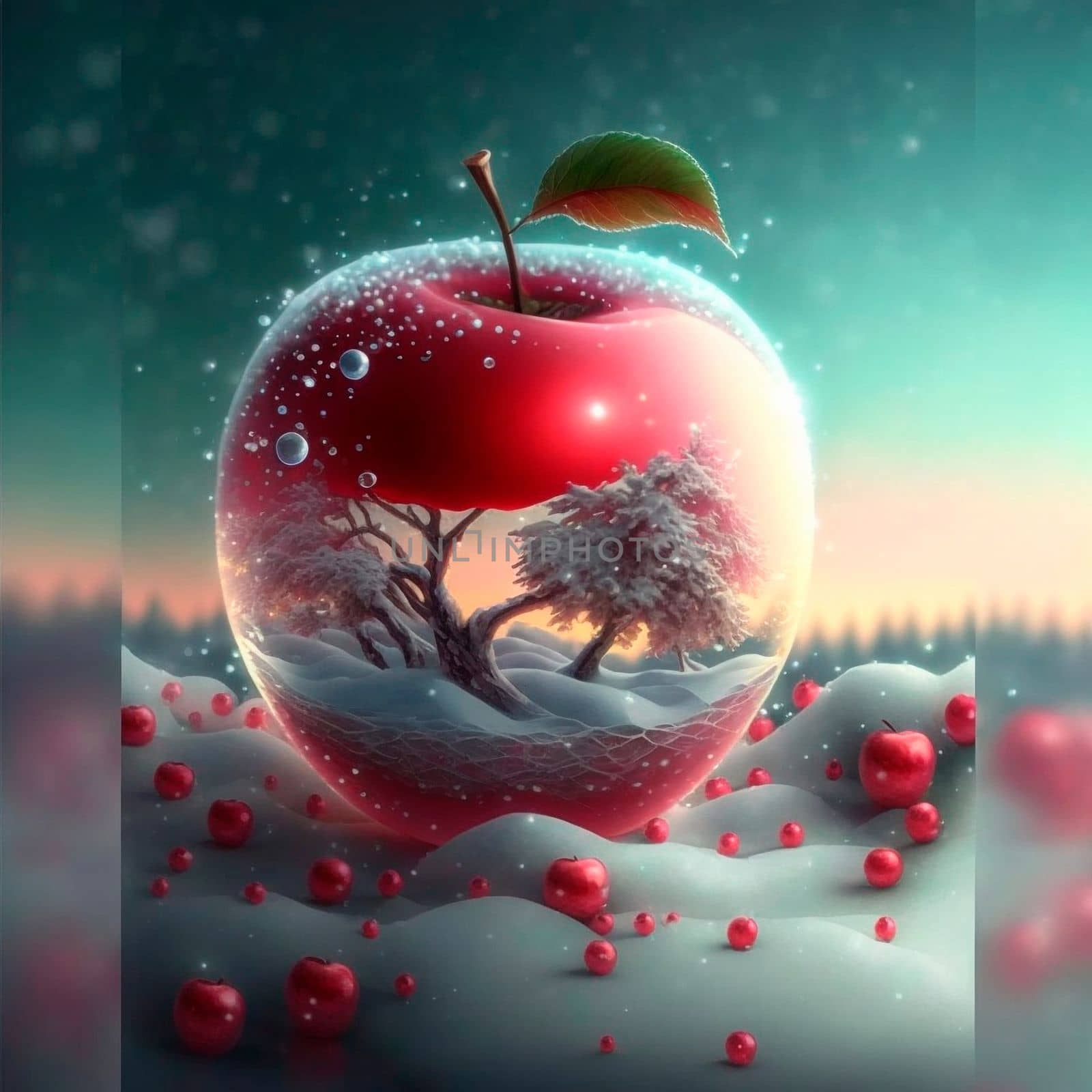 Illustration of a frosty red apple with various inlays inside it. High quality illustration