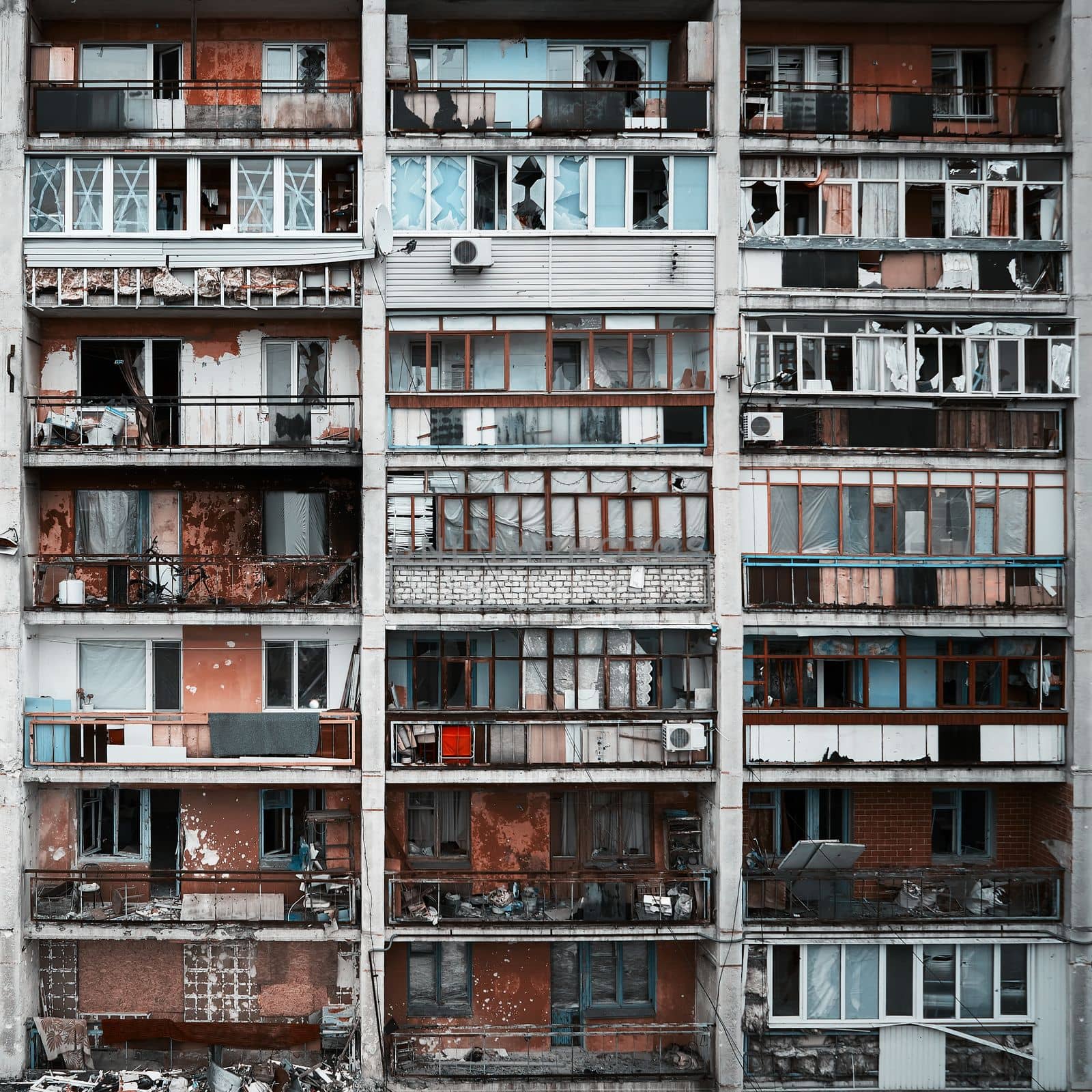 An apartment building in a war zone. Damage to a house as a result of artillery strikes. War in residential areas, broken windows and burned apartments. Armed Conflict in Ukraine by EvgeniyQW
