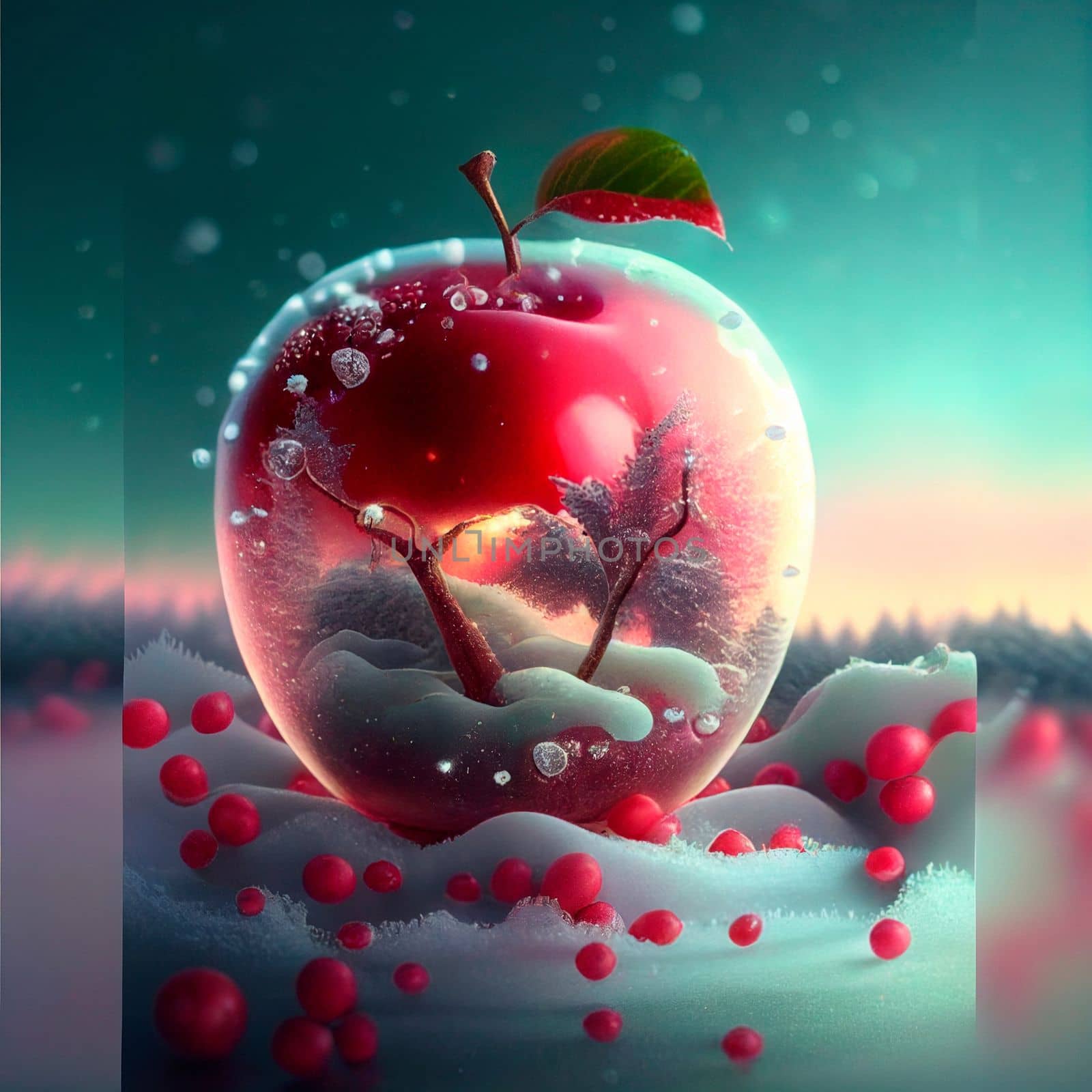 Illustration of a frosty red apple with various inlays inside it. High quality illustration