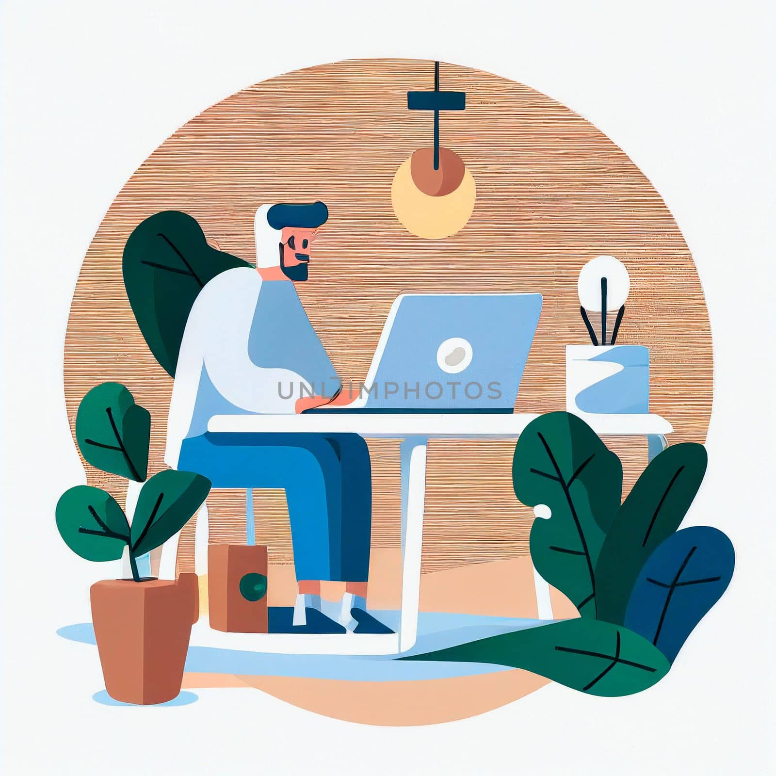 A simple illustration of a developer sitting at a laptop. High quality illustration