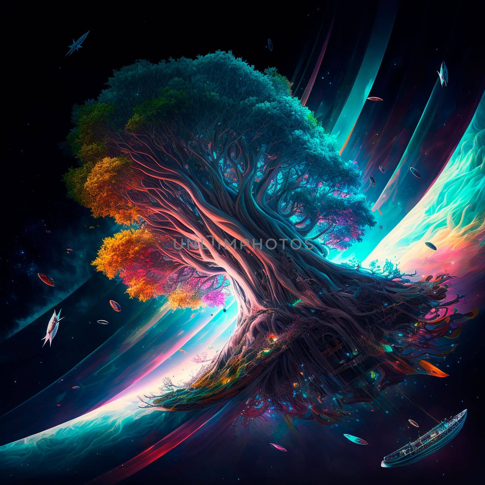 Magic colorful tree in space flying through space. High quality illustration