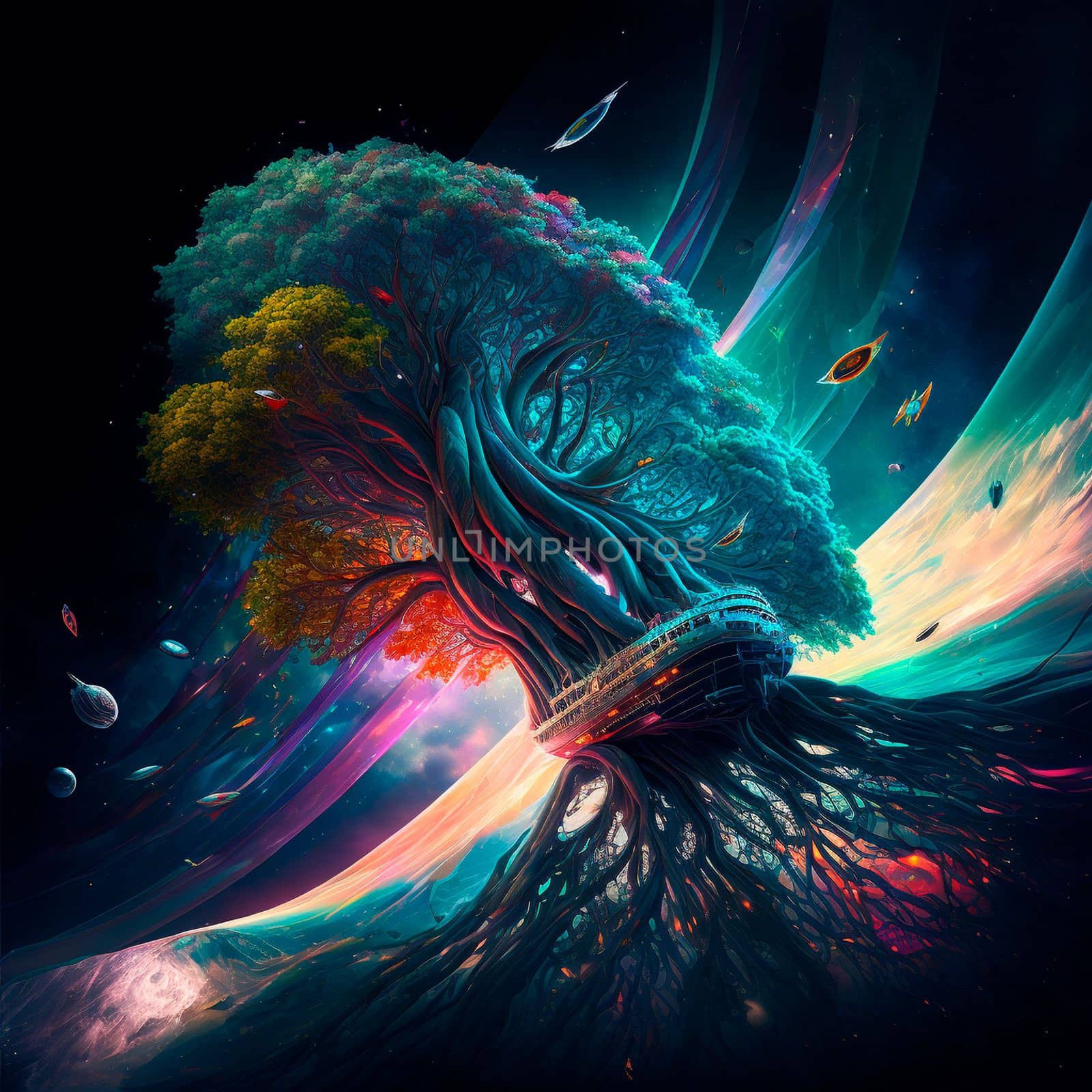 Magic colorful tree in space flying through space. High quality illustration