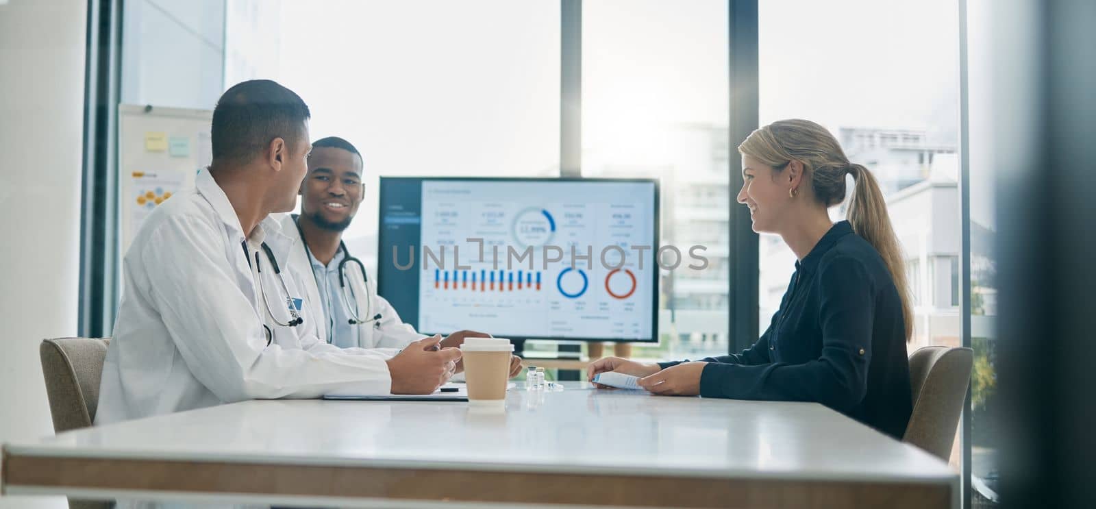 Teamwork, consulting and doctors with patient in hospital in meeting for help or assistance. Healthcare documents, data charts and woman in consultation with medical workers for vaccine information