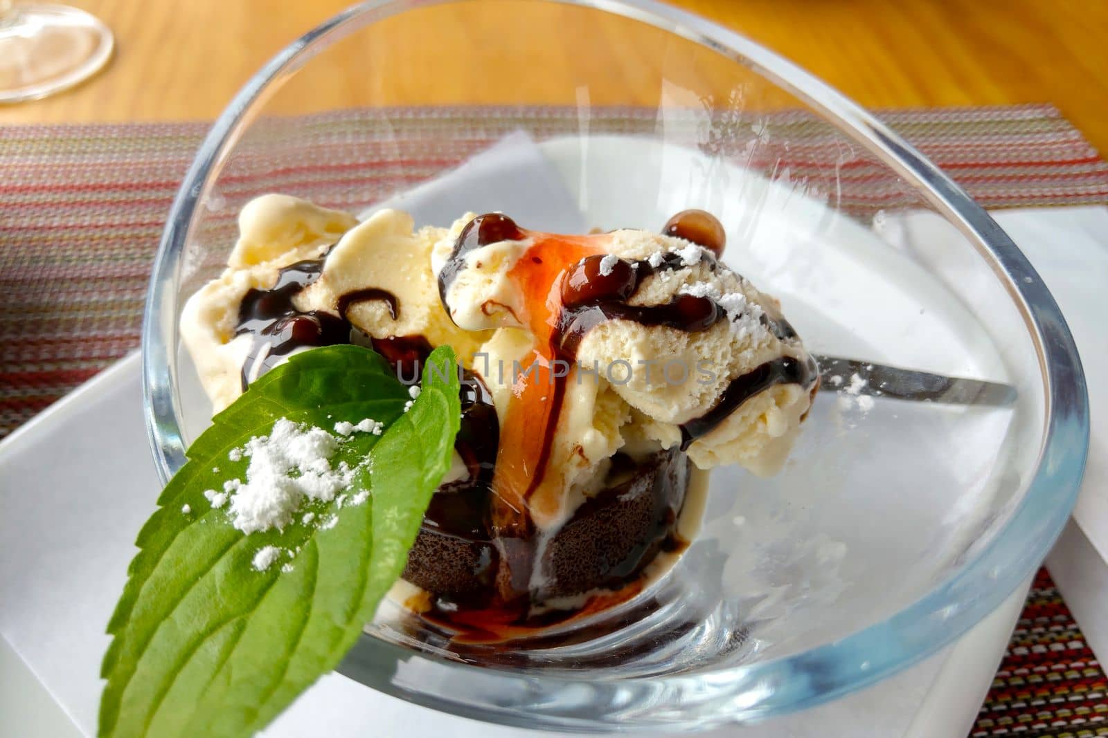Close-up of ice cream with chocolate in glass form