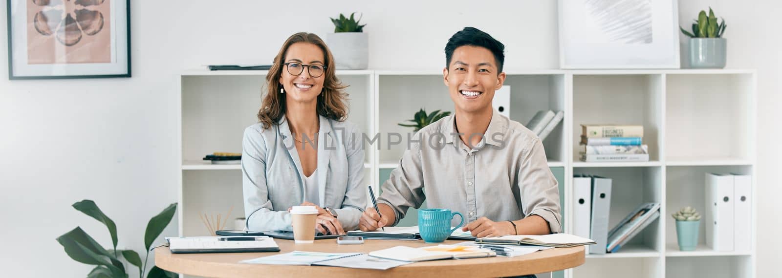 Portrait, teamwork and business people planning strategy in office. Collaboration, cooperation or man and woman sitting together at desk writing report, sales proposal or working on marketing project by YuriArcurs