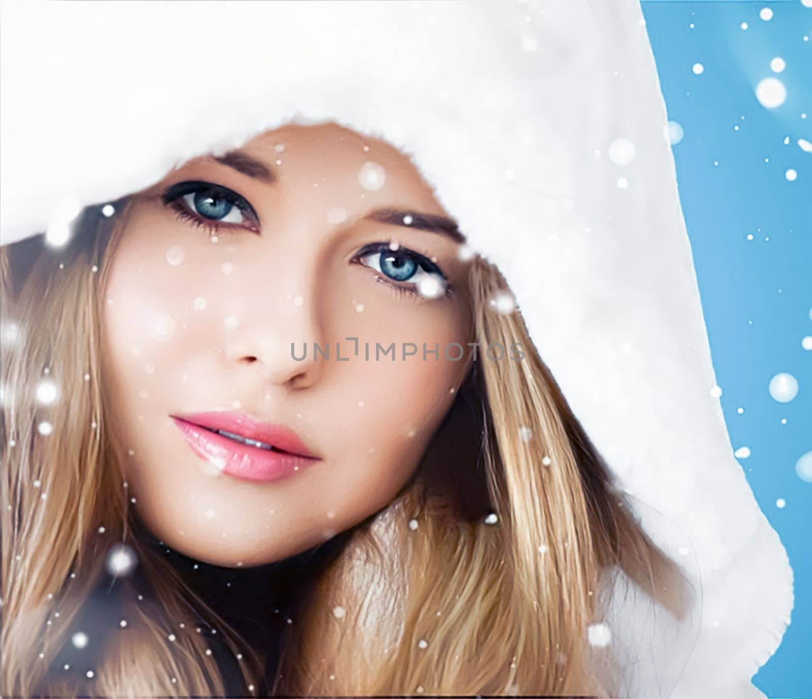 Happy holidays, beauty and winter fashion, beautiful woman wearing white fluffy fur coat, snowing snow on blue background as Christmas, New Year and holiday lifestyle portrait by Anneleven