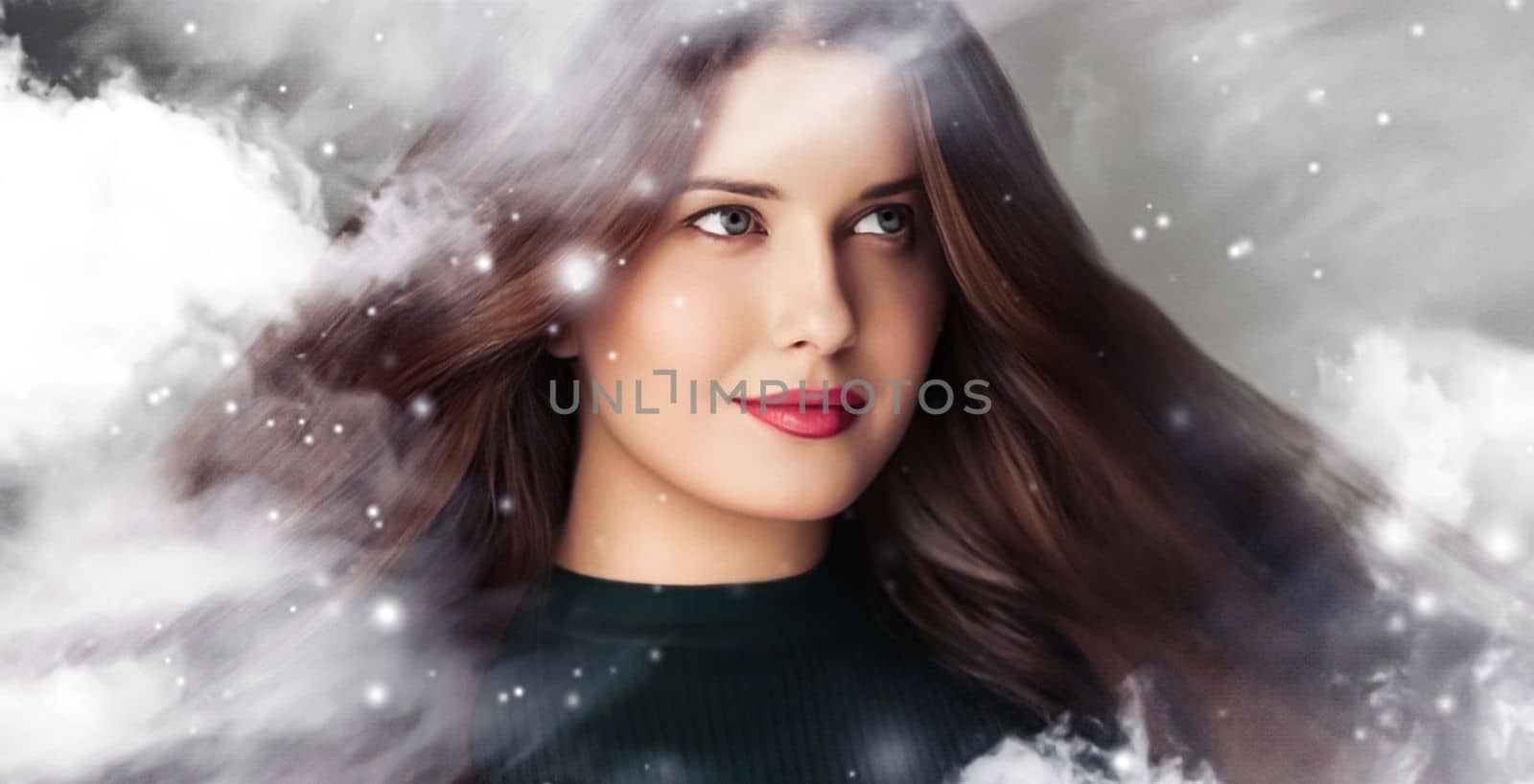 Winter beauty, Christmas time and happy holidays, beautiful woman with long hairstyle and natural make-up behind frozen window, snowing snow design as xmas, New Year and holiday lifestyle portrait by Anneleven