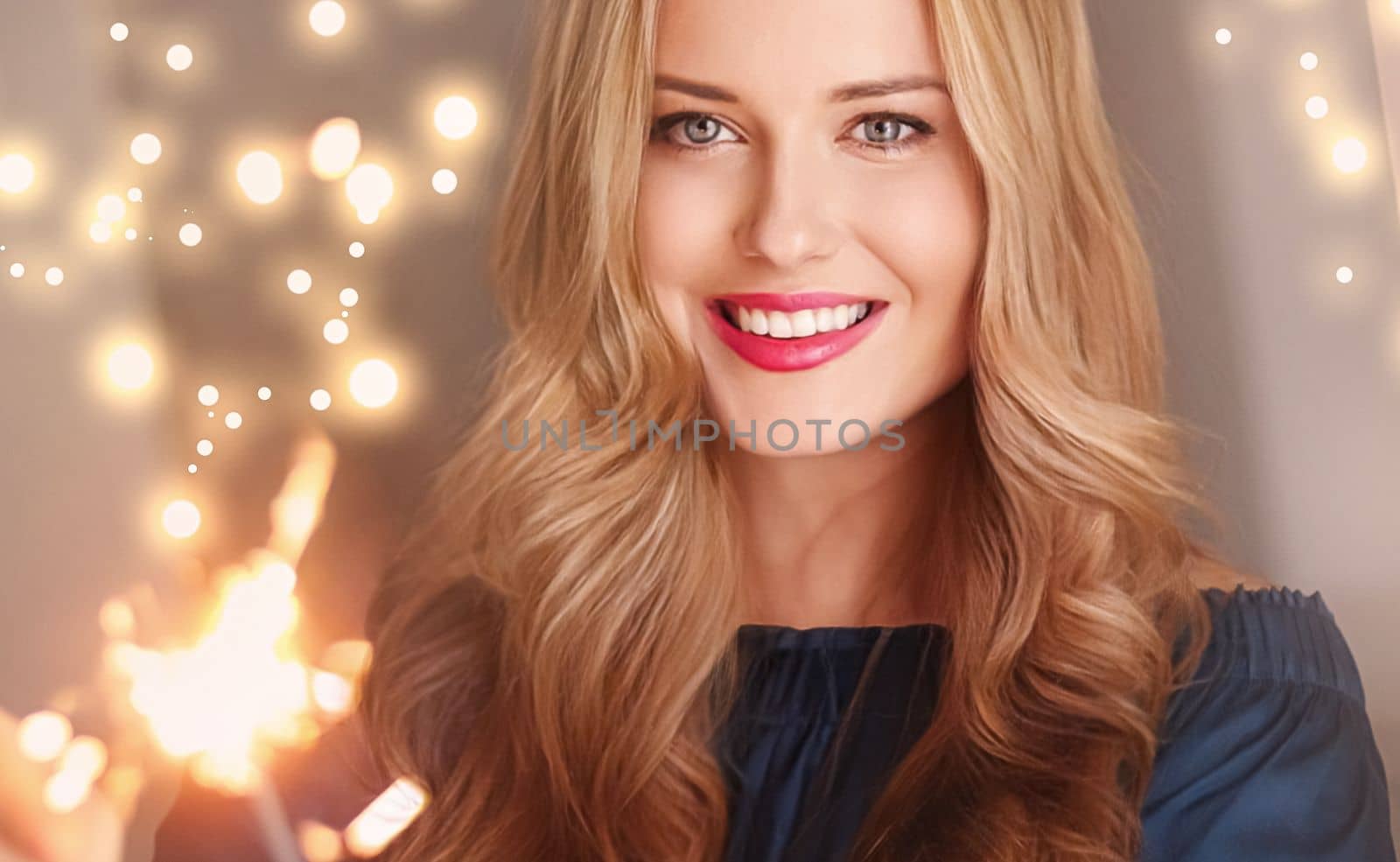 Holiday magic, Christmas and New Year celebration, happy woman with sparklers by Anneleven