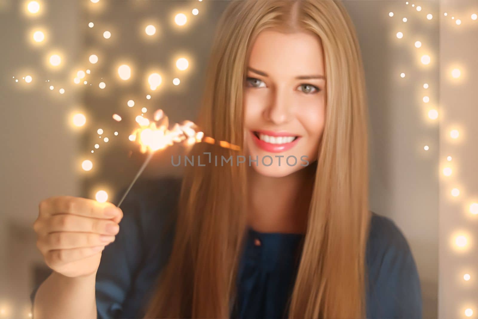 Holiday magic, Christmas and New Year celebration, happy woman with sparklers by Anneleven