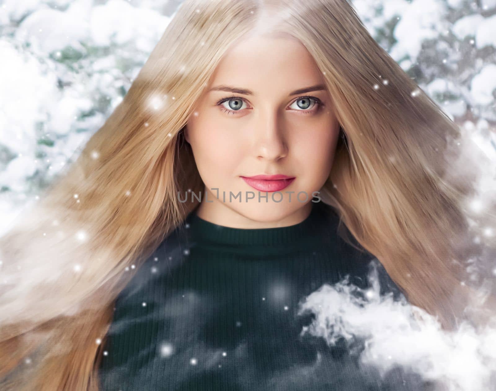 Winter beauty, Christmas time and happy holidays, beautiful woman with long hairstyle and natural make-up in snowy forest, snowing snow design as xmas, New Year and holiday lifestyle portrait style