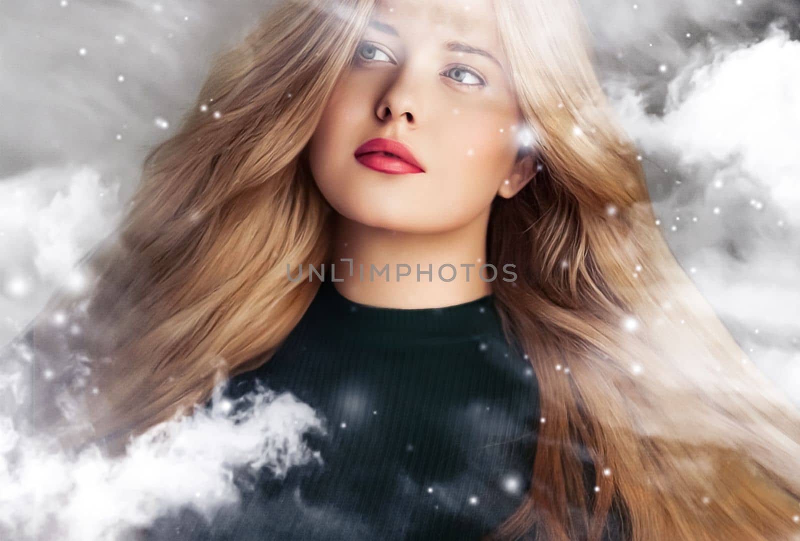 Winter beauty, Christmas time and happy holidays, beautiful woman with long hairstyle and natural make-up behind frozen window, snowing snow design as xmas, New Year and holiday lifestyle portrait by Anneleven