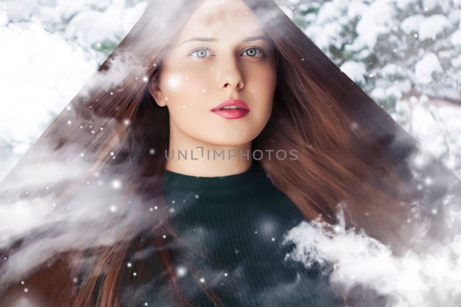 Winter beauty, Christmas time and happy holidays, beautiful woman with long hairstyle and natural make-up in snowy forest, snowing snow design as xmas, New Year and holiday lifestyle portrait by Anneleven