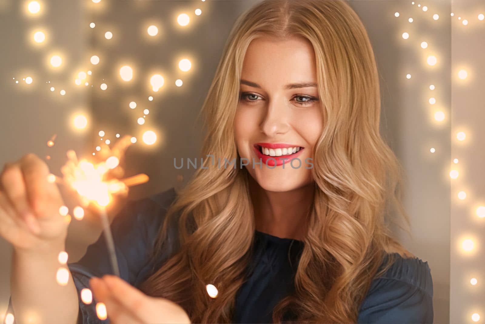 Holiday magic, Christmas and New Year celebration, happy woman with sparklers, portrait