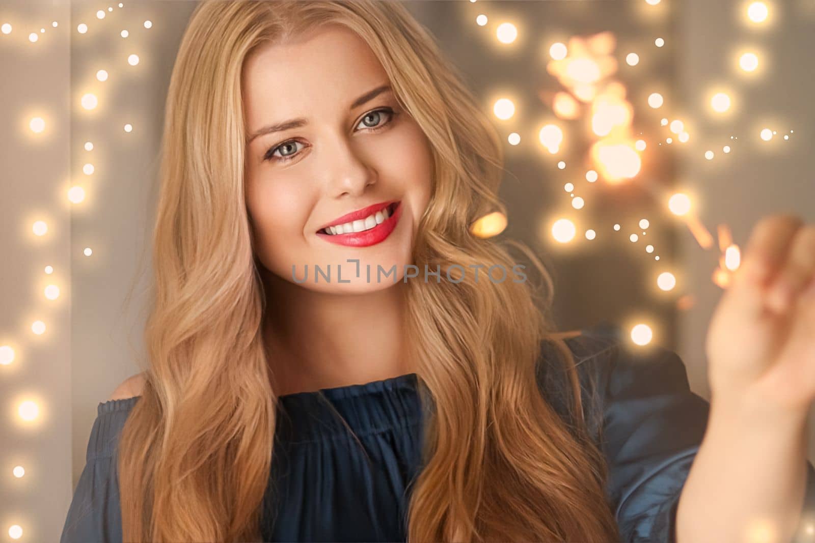 Holiday magic, Christmas and New Year celebration, happy woman with sparklers by Anneleven