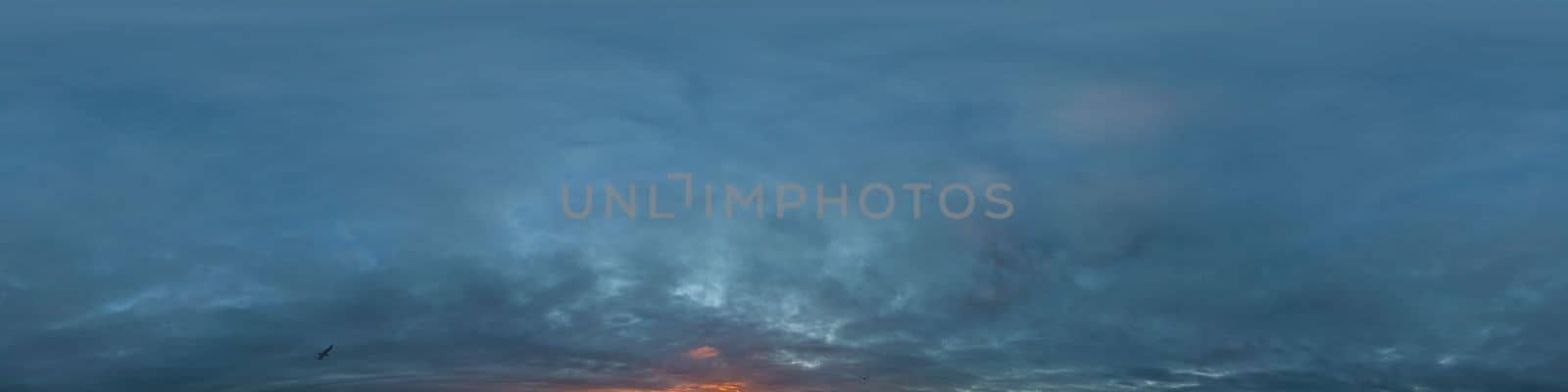 Dark blue twilight sky panorama with clouds. Seamless hdr 360 panorama in spherical equiangular format. Full zenith or sky dome for 3D visualization, sky replacement for aerial drone panoramas