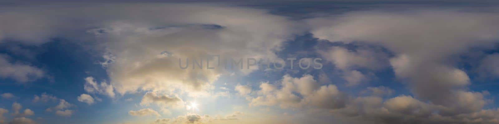 Dark blue sunset sky panorama with pink Cumulus clouds. Seamless hdr 360 pano in spherical equirectangular format. Full zenith for 3D visualization, game, sky replacement for aerial drone panoramas