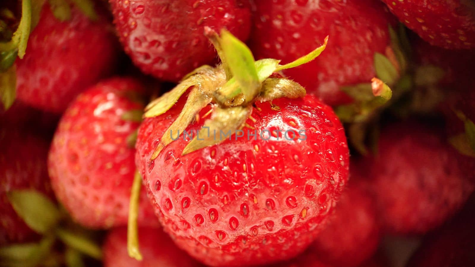 A handful of juicy red strawberries in close-up.Macrophotography.Texture or background. Selective focus.