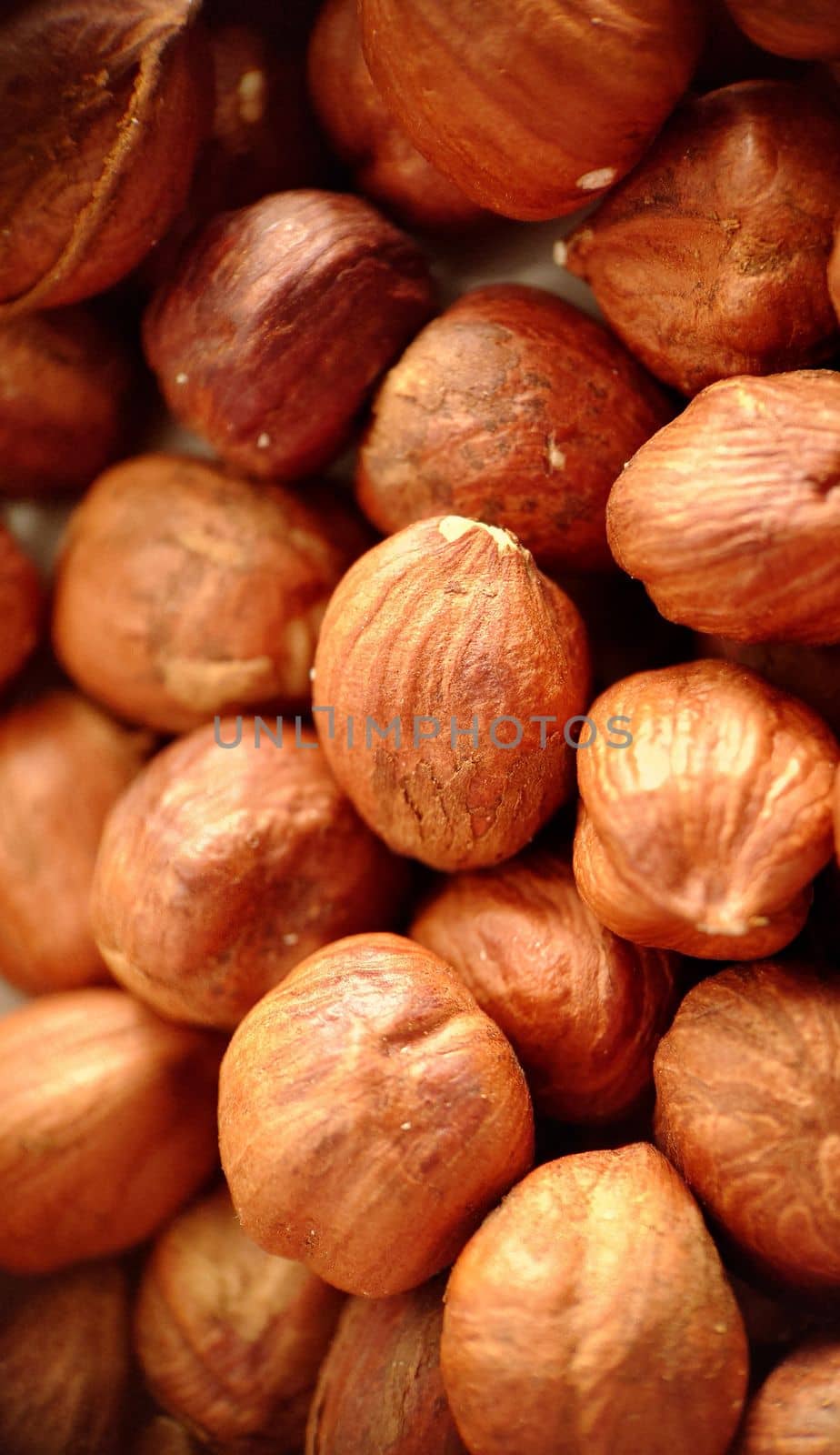 Large hazelnuts, peeled from the shell, selective close-up focus.Macrophotography.Texture or background. Selective focus.