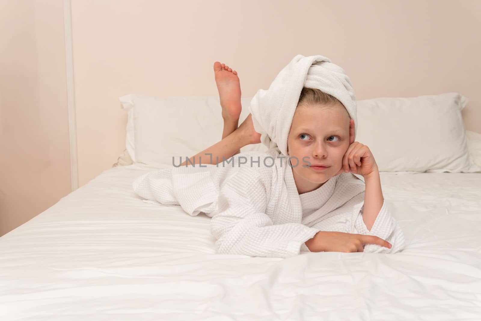 Smiling thinks elbows Creek coffee smile copyspace bathrobe white hygiene, concept morning lifestyle from bath and beautiful caucasian, little background. Bathing kid female, by 89167702191