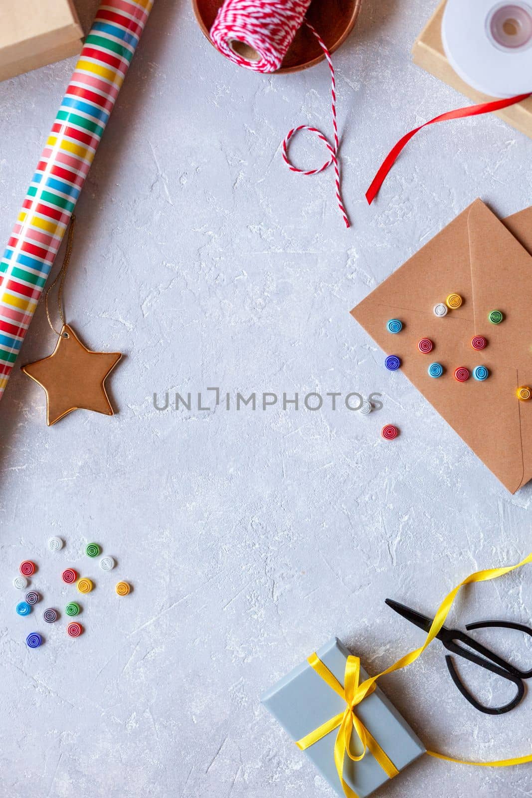 colorful holiday gift wrapping composition, top view