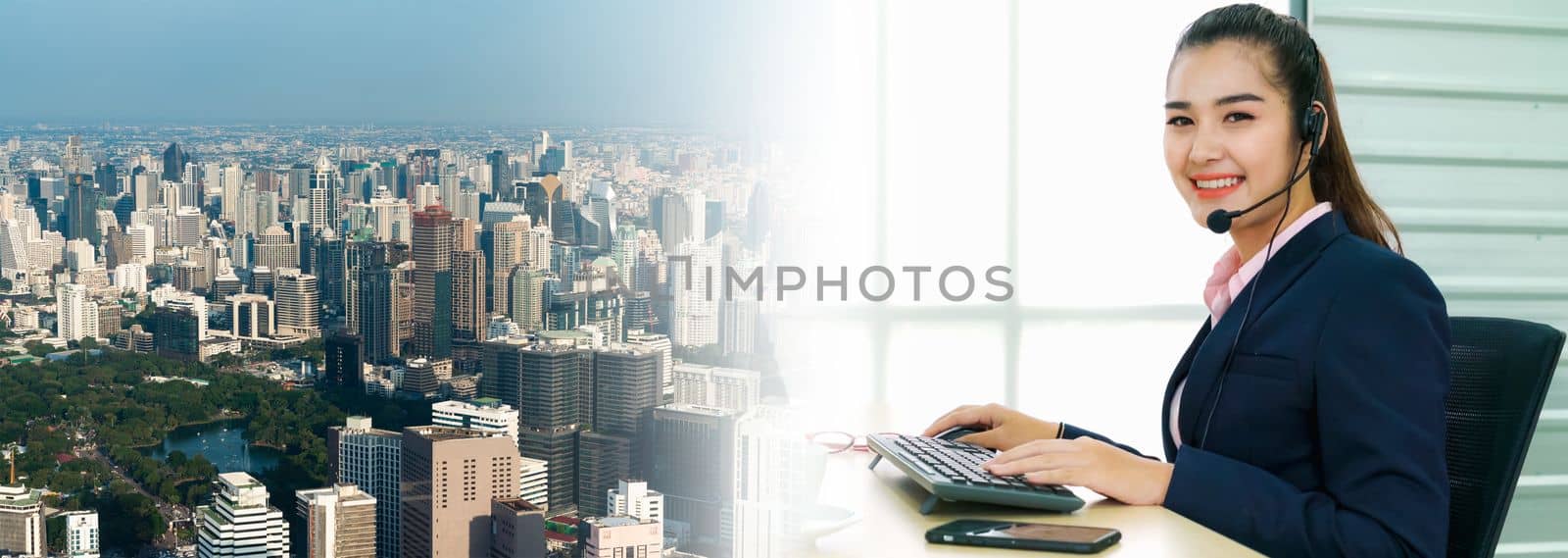 Business people wearing headset working in office in widen view by biancoblue