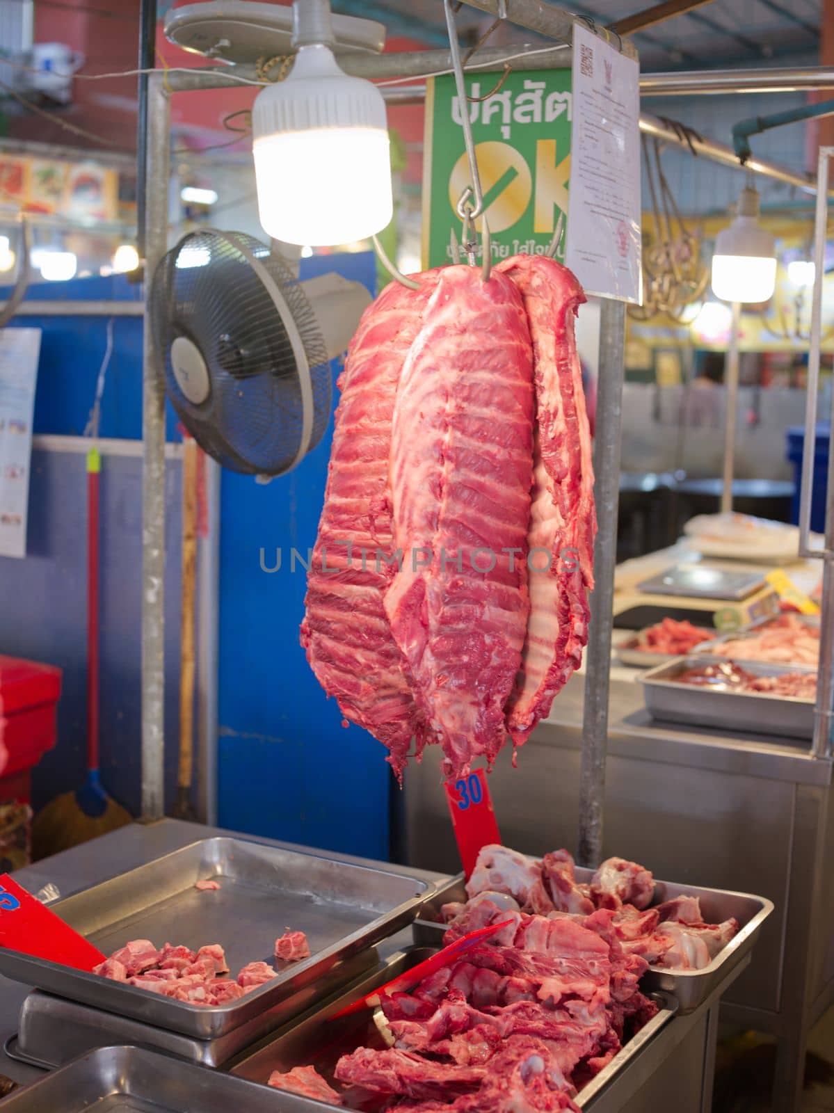 Red meat chop rows sell in THAI wet local market by Hepjam