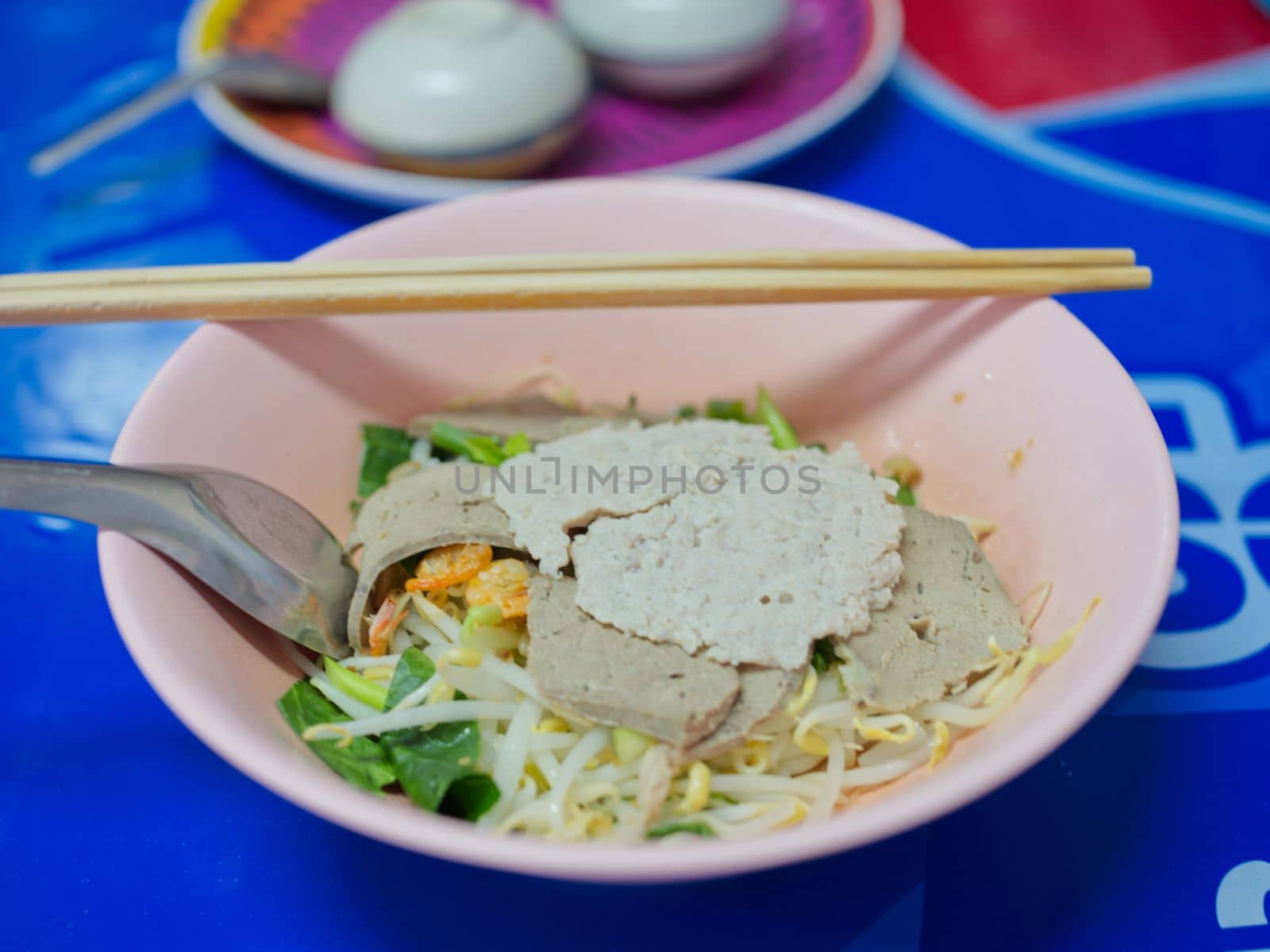 Dried egg noodles with pork without soup Asian food style by Hepjam