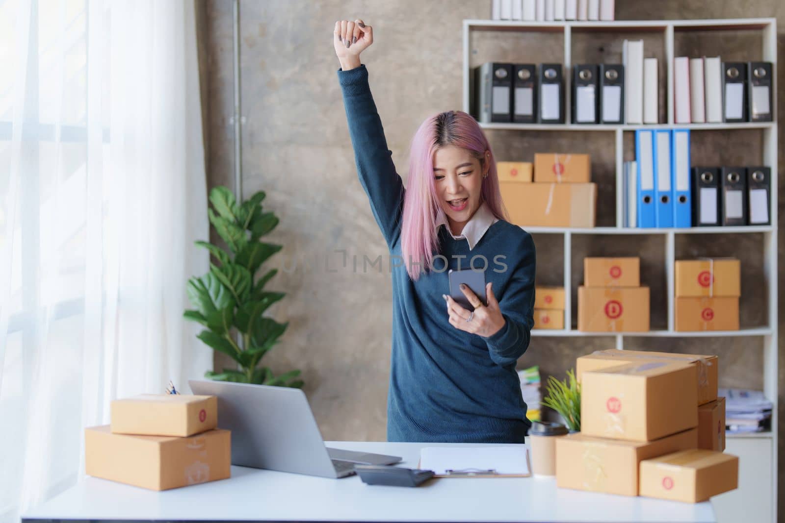 Startup small business entrepreneur of freelance Asian woman using a laptop with box Cheerful success online marketing packaging box and delivery SME idea concept by itchaznong