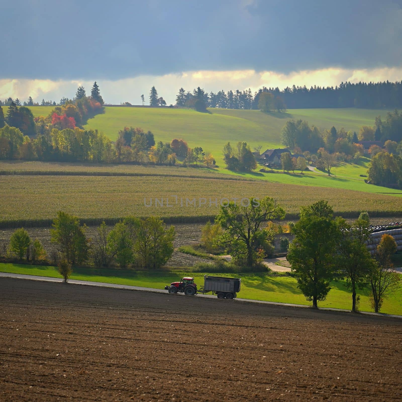 Tractor on the field. Beautiful autumn nature with landscape in the Czech Republic. Colorful trees with blue sky and sun. Background for autumn and agriculture.