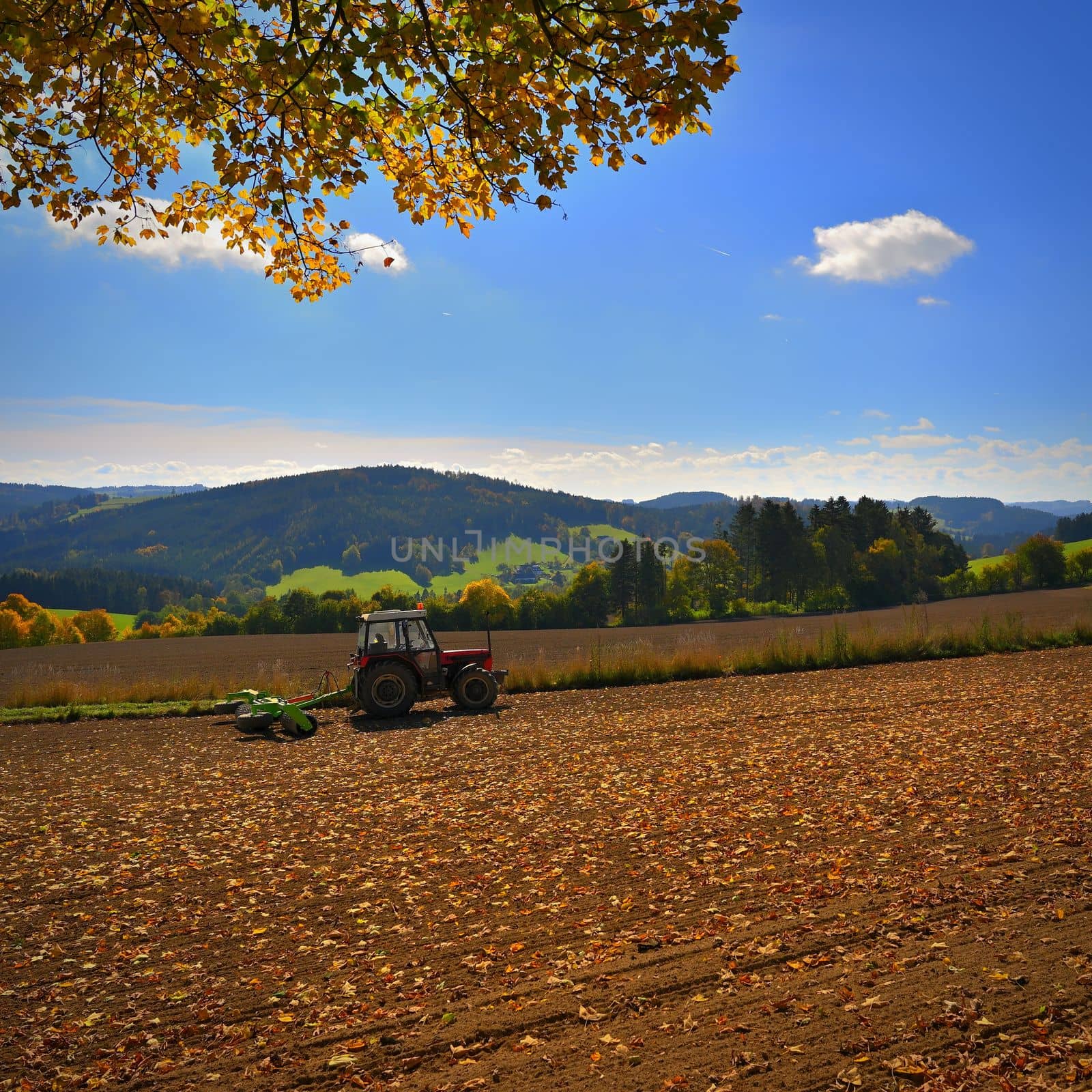 Tractor on the field. Beautiful autumn nature with landscape in the Czech Republic. Colorful trees with blue sky and sun. Background for autumn and agriculture.