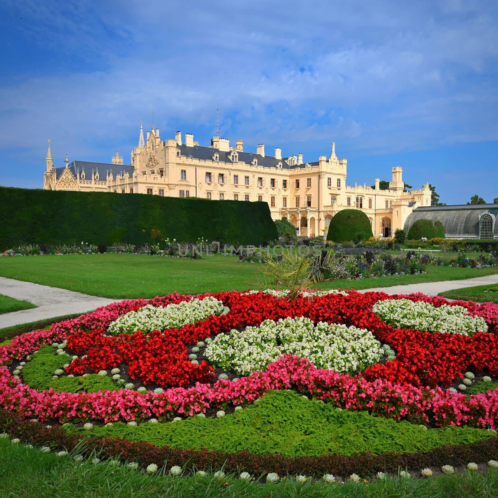 A beautiful castle with a garden and a park. Lednice - Czech Republic - South Moravia. A popular tourist spot for travel and excursions. by Montypeter