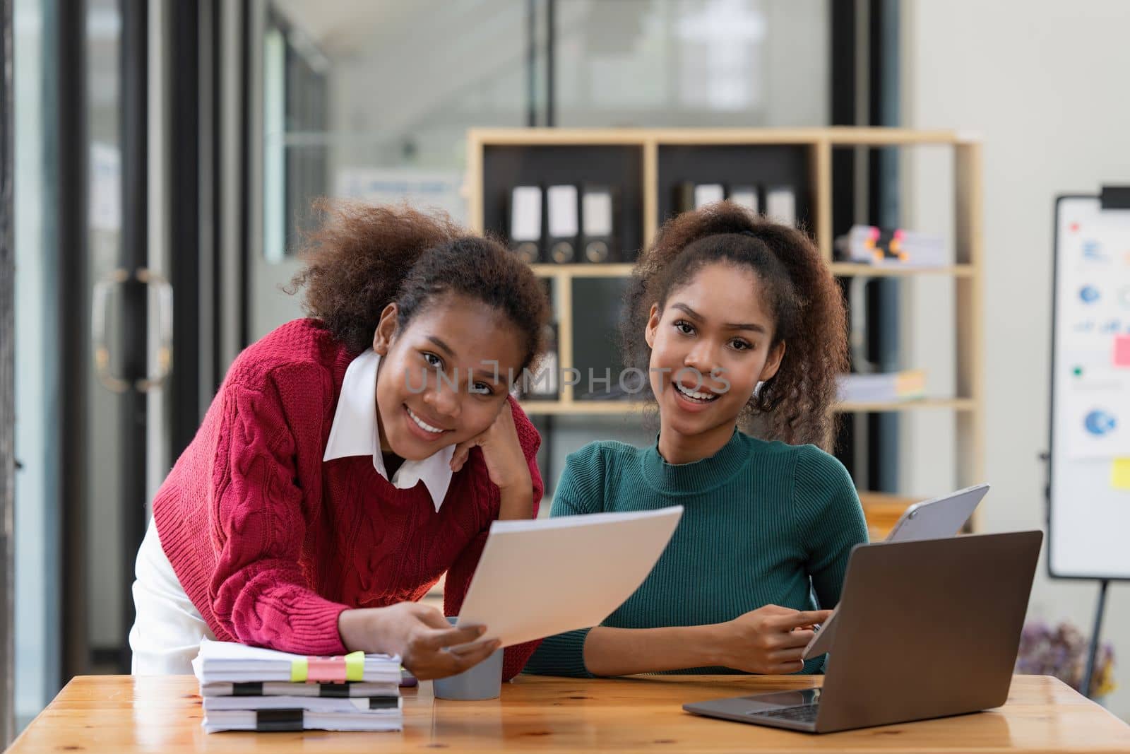 Two Black Girl used laptop for Studying for Exams, Talk in College.