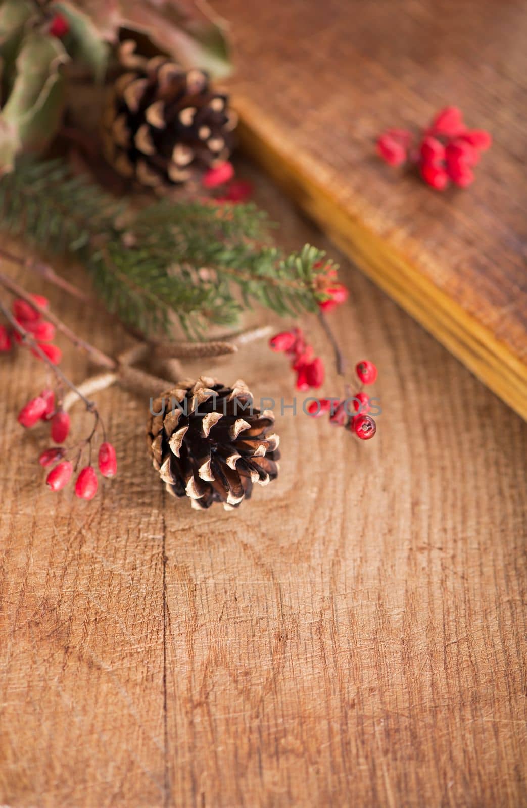 Christmas frame made of fir tree and magonia branches,cones,red viburnum berries on the dark wooden rustic background.Christmas background.Copy space for text, top view.