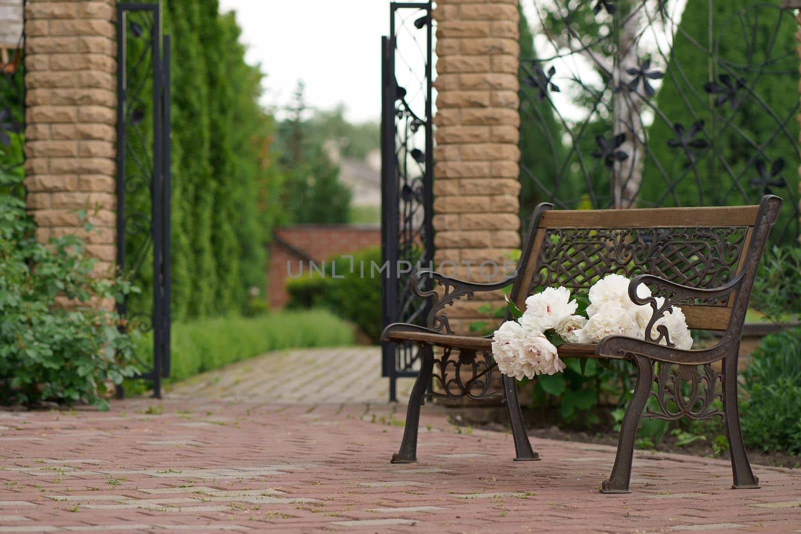 flower garden and vintage bench. A bouquet of peonies on a bench near a private house by aprilphoto