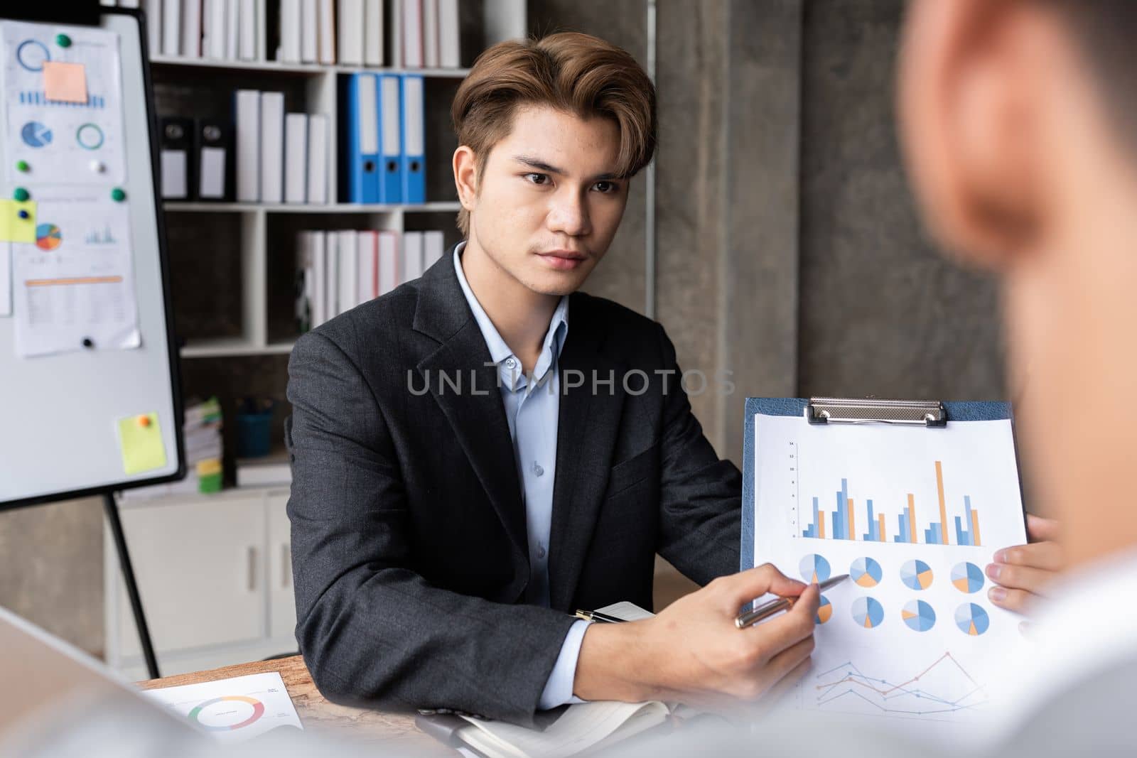Business advisers are gathering to assess and debate the issue as it appears on the financial report. Financial counselor, investment consultant, and accounting concept.