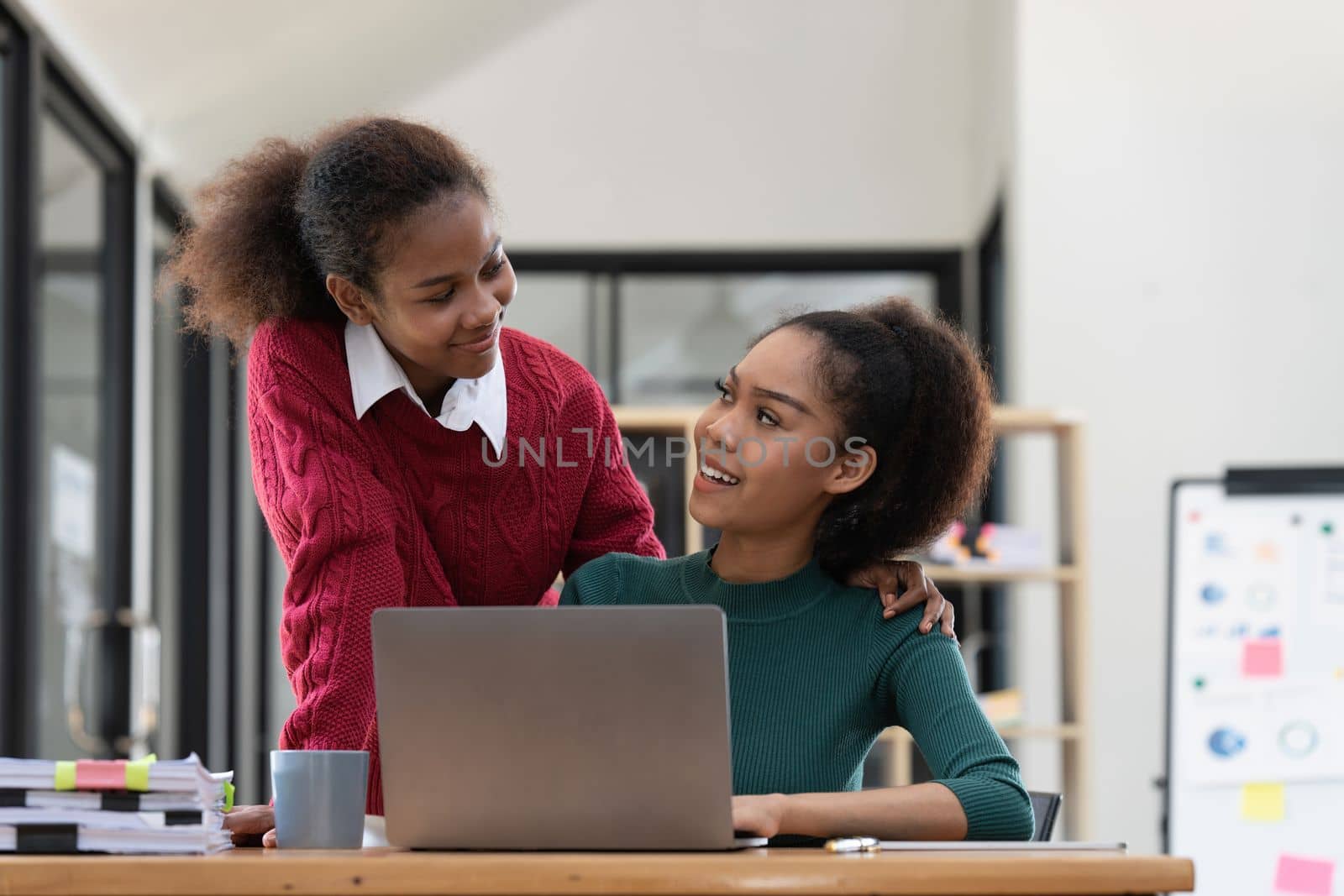 Two Black Girl used laptop for Studying for Exams, Talk in College.