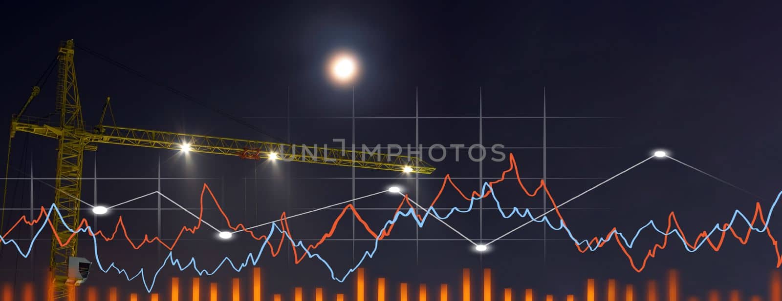 Construction crane working on building site. Infographics charts, graphs and, development steps. Night construction. Banner